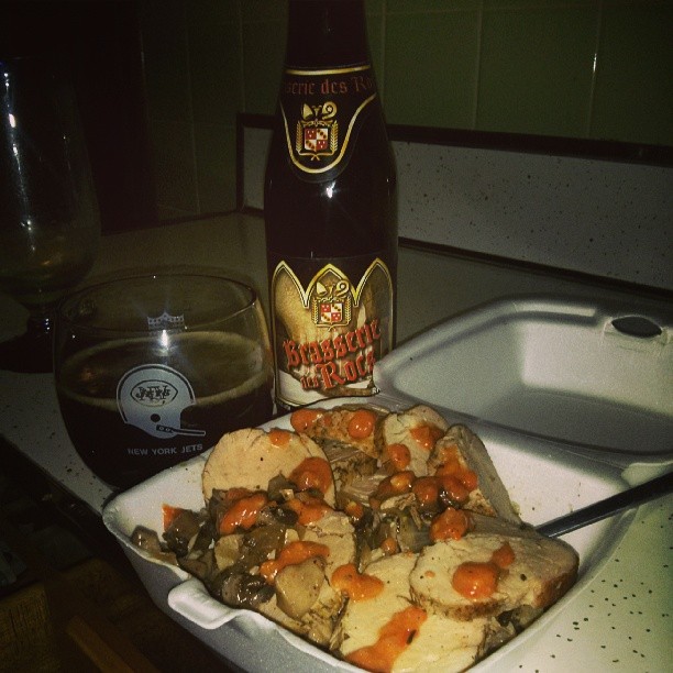 Lion of pork wild mushrooms topped with Gaslight hot sauce enjoyed with an Brasserie des Rocs. 9%. Mommieee. - from Instagram