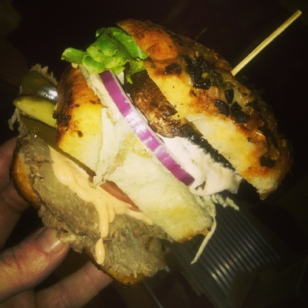 Late night Pizza bun triple decker. Beef, Pork, Pickles, Portable mushrooms, red onions, green leaf. - from Instagram