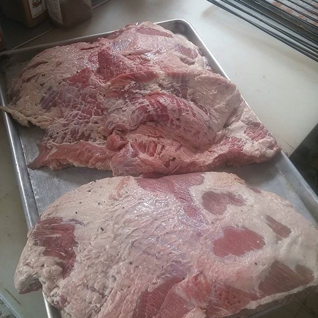 Another round of house cured #brisket. Ready for our house rub. Then into the smoker #pastrami #bbq #housesmoked #southorange #brewpub #beef - from Instagram